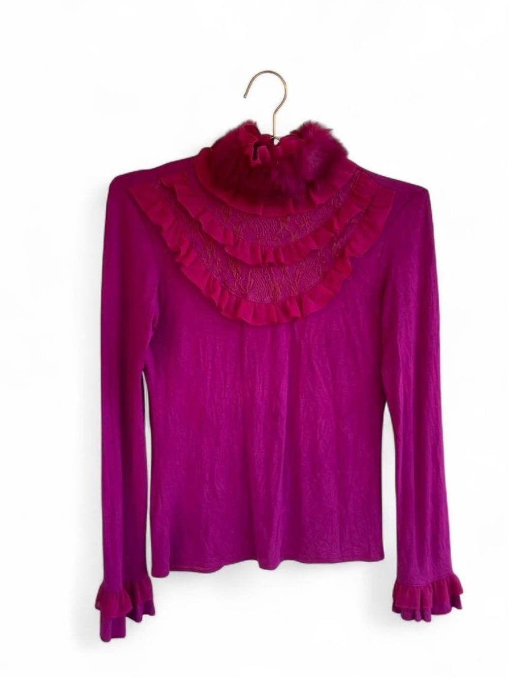 Cable & Gauge Fuchsia Lace Ruffle Top – Angora Fur Collar Y2K Statement Blouse